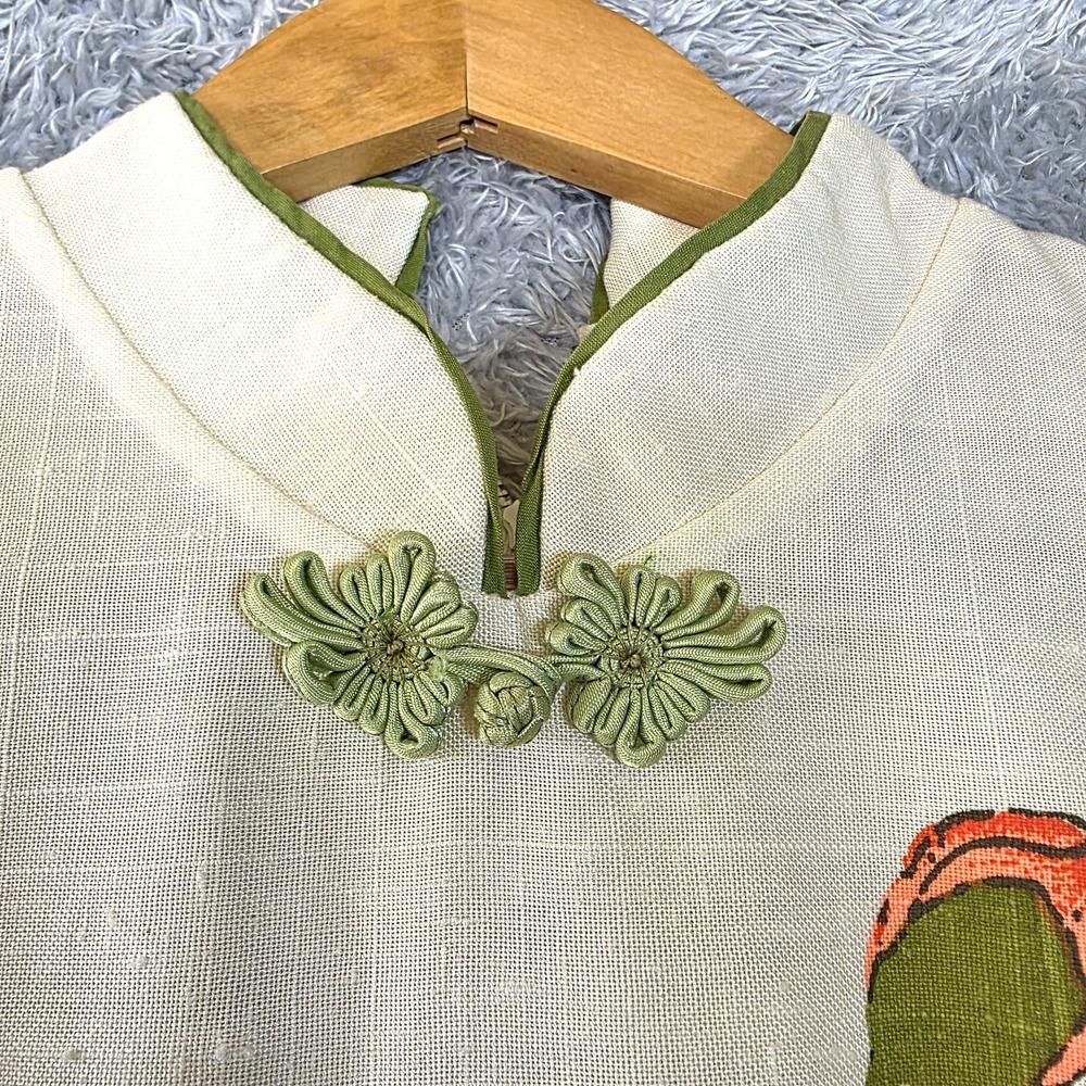 Vtg 60s ALFRED SHAHEEN Poppy Print Hawaiian Cheongsam Dress Hand Printed Hawaii - Picture 4 of 16